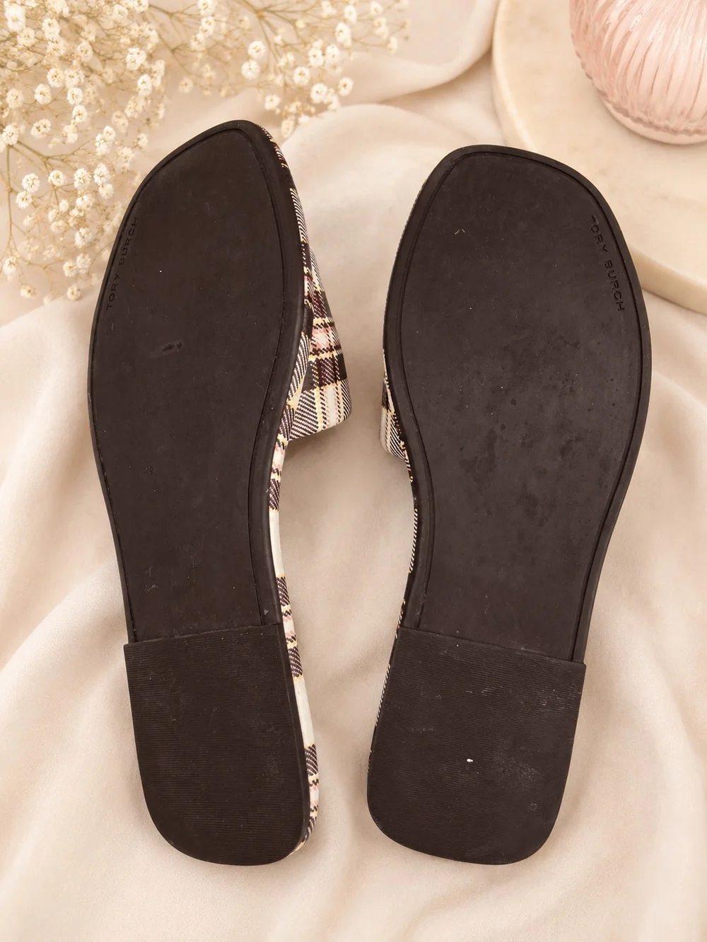 TORY BURCH Double T Plaid Logo Slide Sandal - Brown/Cream/Gold